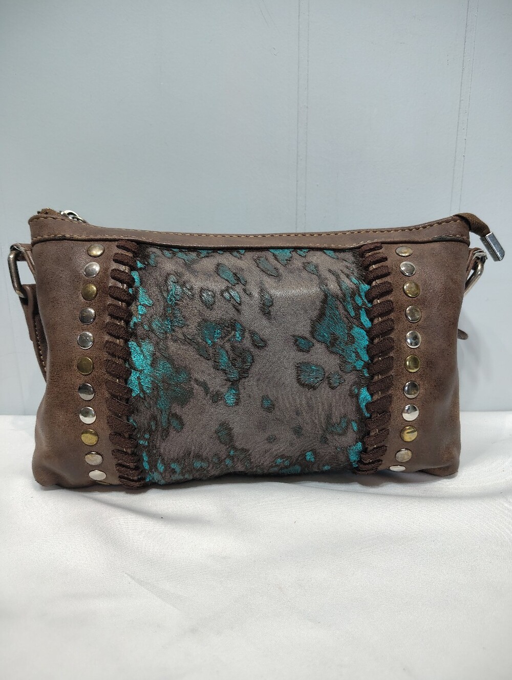 Montana West Trinity Ranch Hair on Hide Crossbody Bag Turquoise Studded Small - Picture 14 of 14